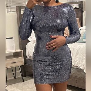 Sequin Long Sleeve Dress - Light Blue
